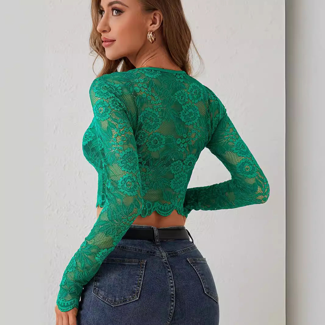 Damen Elegantes Spitzenoberteil mit langem Arm und ausgefallener Schnittführung R&B