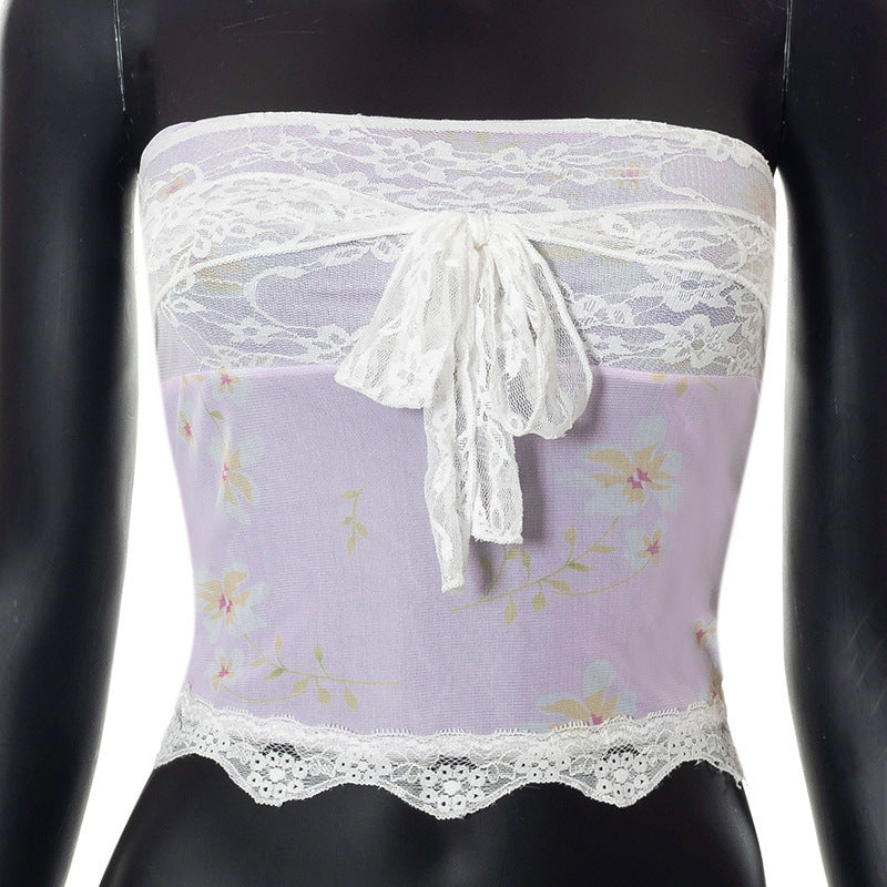 Damen Bandeau-Top mit floralen Details und Spitzenabschluss R&B