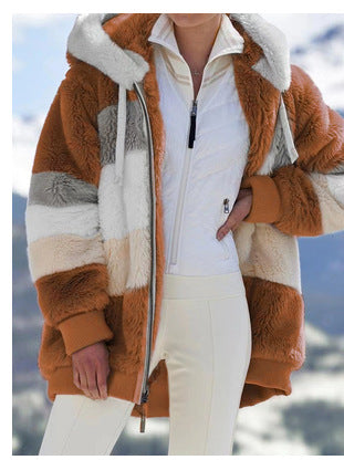 Damen Modische und warme Fleecejacke mit Kapuze und blockartigem Design R&B