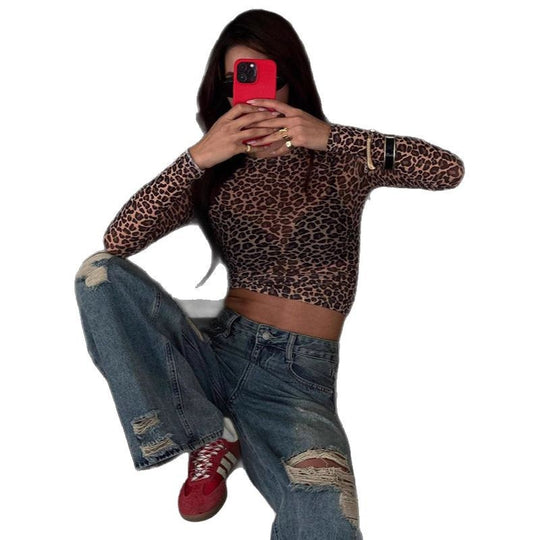 Damen Modisches, figurbetontes Langarm-Crop-Top mit Leo-Muster R&B