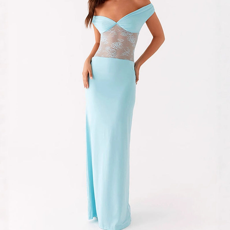 Damen Elegantes Off-Shoulder Maxikleid mit transparentem Spitzen-Oberteil und schmalem elastischem Saum R&B