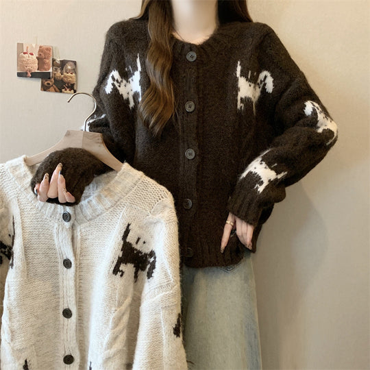 Damen Gemusterter Strickcardigan mit tierischem Motiv und bequemen Oversized-Schnitten R&B