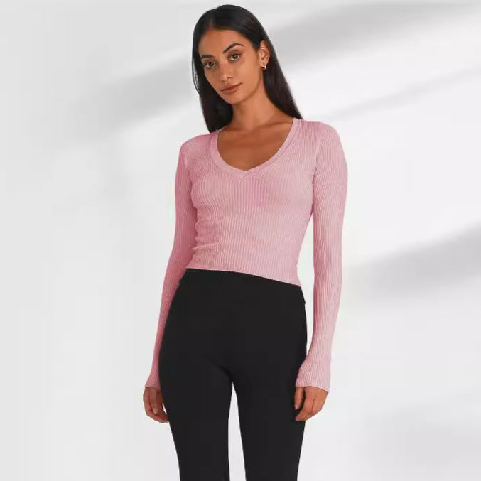 Damen figurbetontes Langarmcropped Oberteil aus Rippstrick R&B
