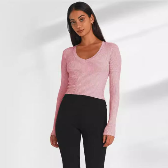Damen figurbetontes Langarmcropped Oberteil aus Rippstrick R&B