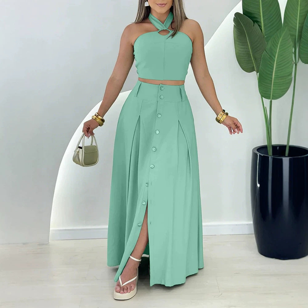 Damen elegantes Crop-Top und Maxirock-Set mit Knopfleiste und Schlitz R&B