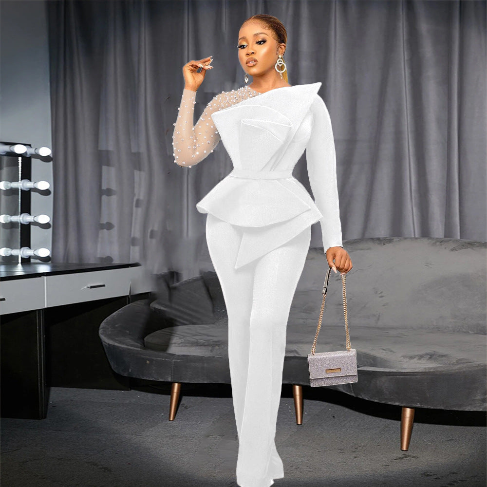 Damen eleganter Jumpsuit mit asymmetrischem Oberteil und raffiniertem Rüschendesign R&B