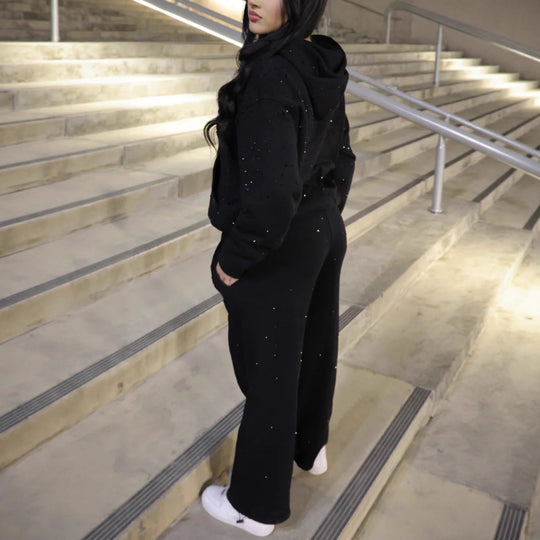 Damen nan Loungehose mit Galaxie-Sternenprint, geradem Bein, elastischem Komfortbund und gotischem Schriftzug R&B