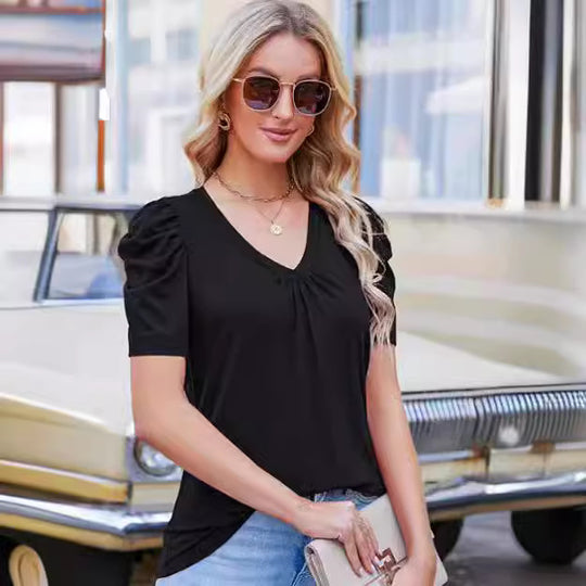 Damen V-Ausschnitt T-Shirt mit Puffärmeln R&B