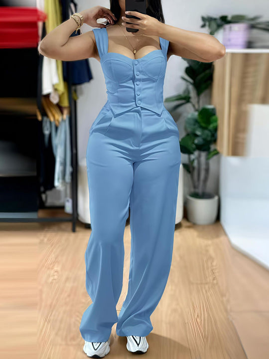 Damen Figurbetonter Jumpsuit mit tailliertem Schnitt und Knopfleiste R&B