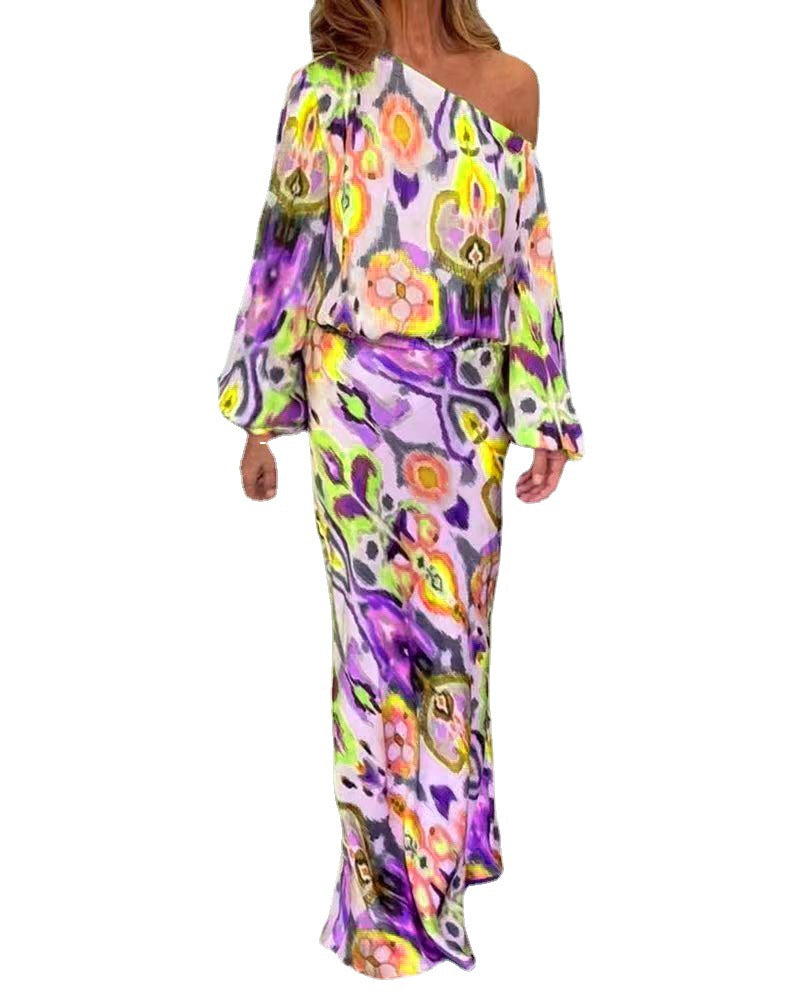 Damen Elegantes Maxikleid im grafischen Batikdesign mit Off-Shoulder-Ausschnitt und voluminösen Ärmeln R&B