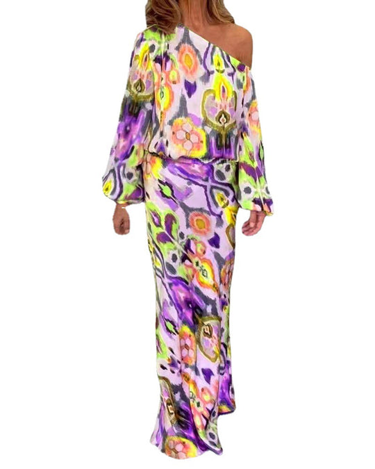 Damen Elegantes Maxikleid im grafischen Batikdesign mit Off-Shoulder-Ausschnitt und voluminösen Ärmeln R&B