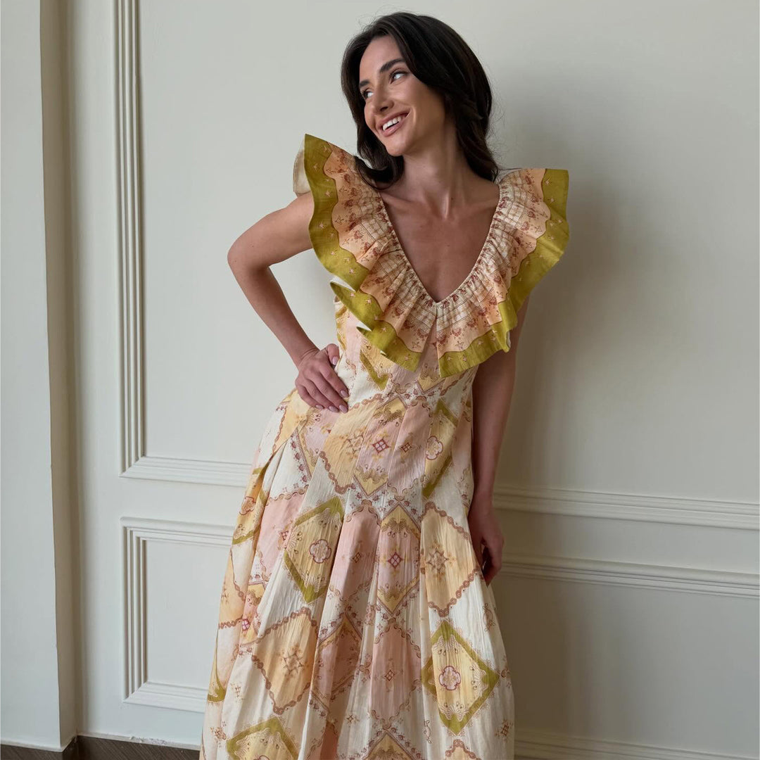 Damen Maxikleid mit voluminösen Rüschendetails und elegantem V-Ausschnitt R&B