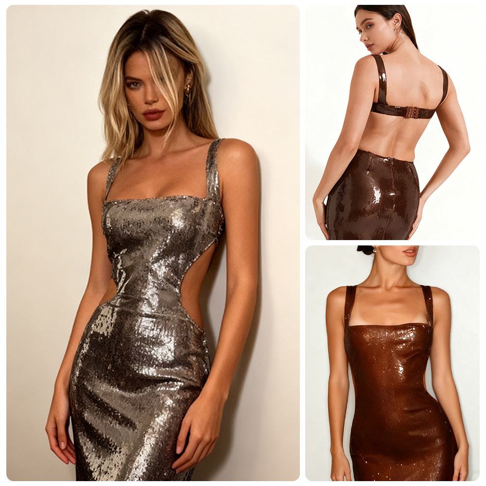 Damen Lange Pailletten-Robekleid mit schicker Silhouette und tiefem Ausschnitt R&B