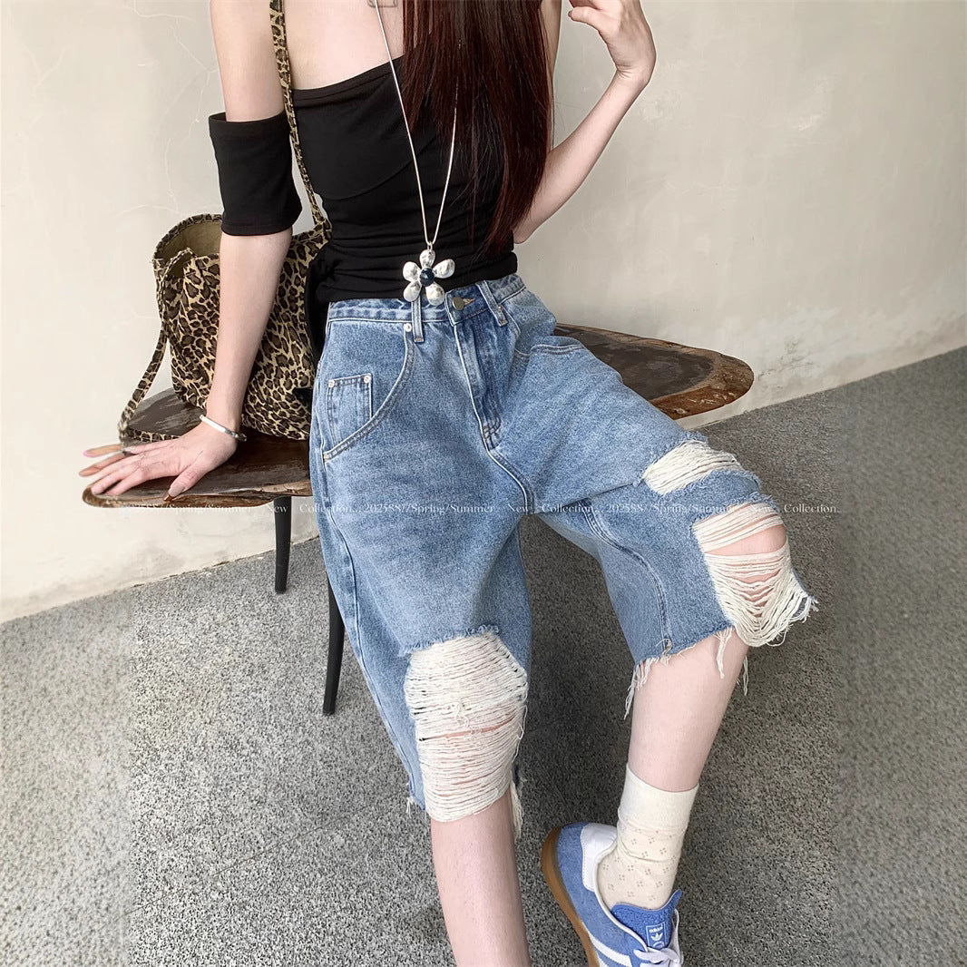 Damen Trendige Denim-Culottes im Destroyed-Look mit hohem Bund R&B