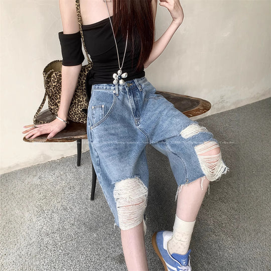 Damen Trendige Denim-Culottes im Destroyed-Look mit hohem Bund R&B