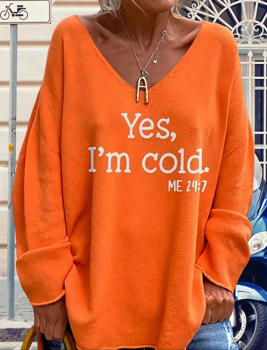 Damen Oversized Pullover mit modernem V-Ausschnitt und aufgedrucktem Statement R&B