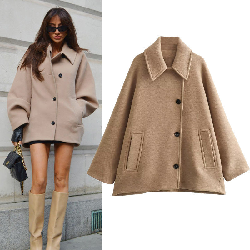 Damen Oversized Wolljacke mit durchgehendem Knopfverschluss und praktischen Taschen R&B