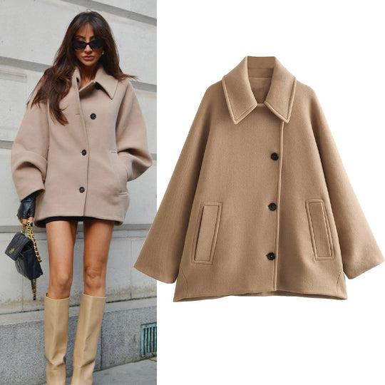 Damen Oversized Wolljacke mit durchgehendem Knopfverschluss und praktischen Taschen R&B