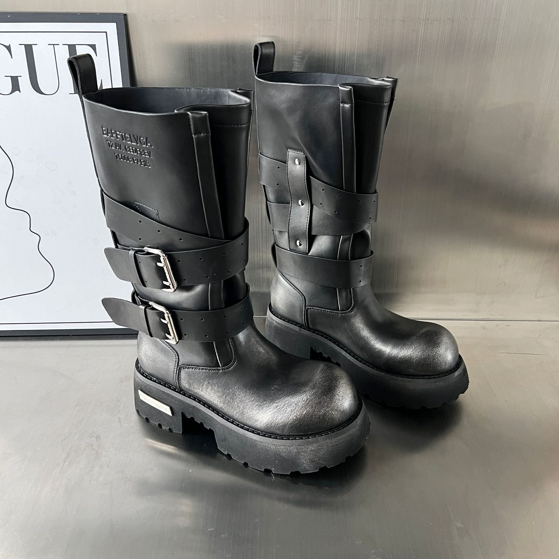 Damen Modische Biker-Stiefel mit robustem Profil und verstellbaren Schnallen R&B