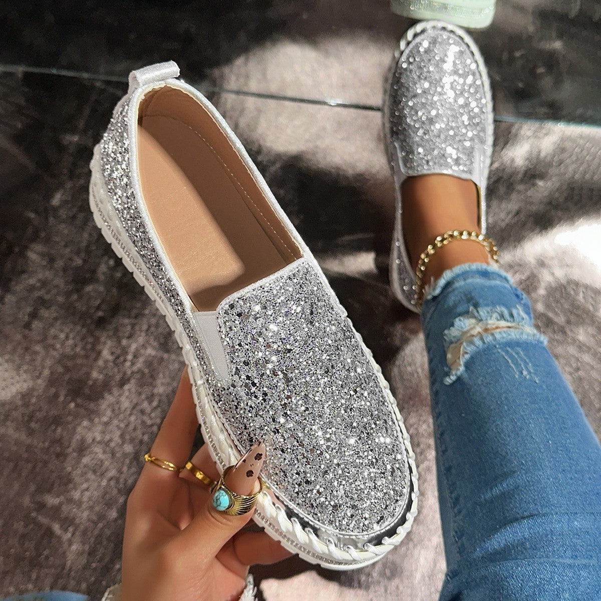 Damen Slip-On Glitzer Sneakers R&B
