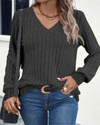 Damen V-Ausschnitt Rippstrickpullover mit langem Arm R&B