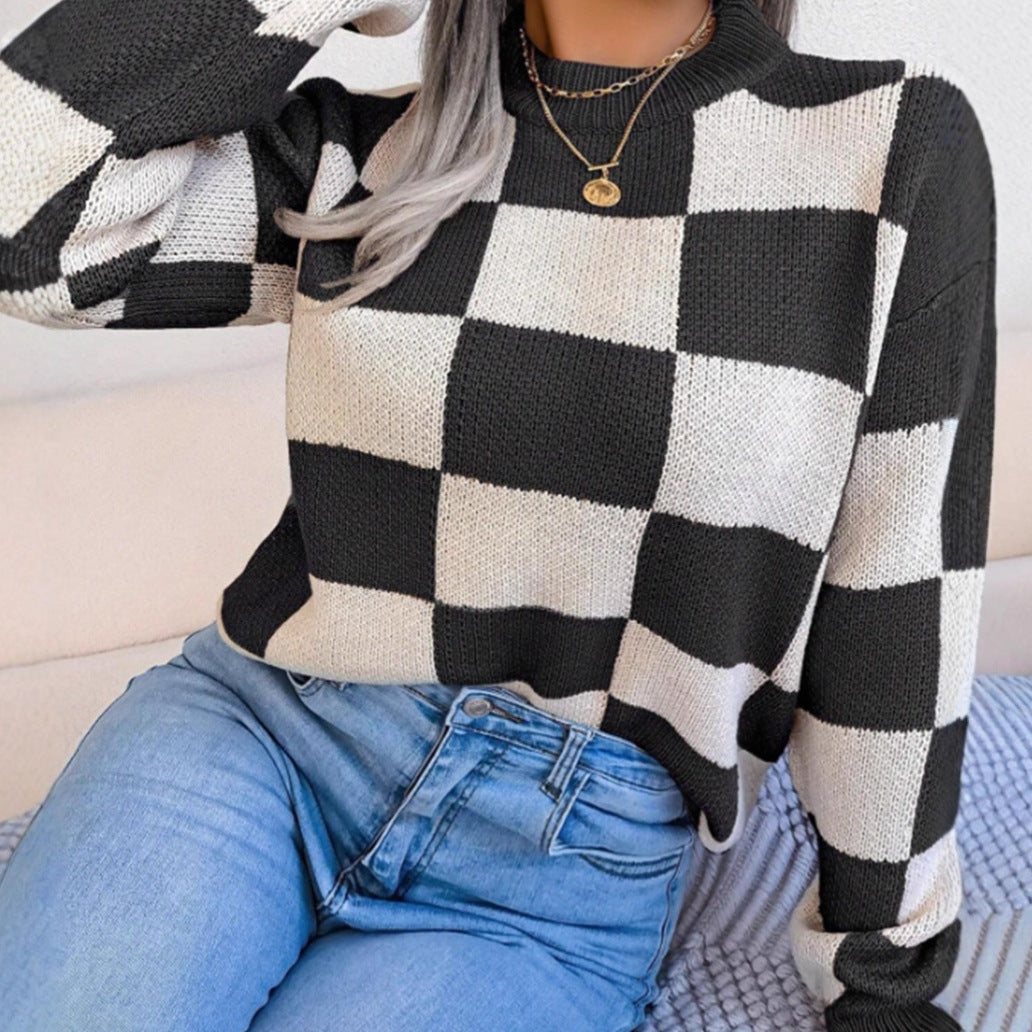Damen Gemusterter Strickpullover mit Karomuster und modischem Rundhalsausschnitt R&B
