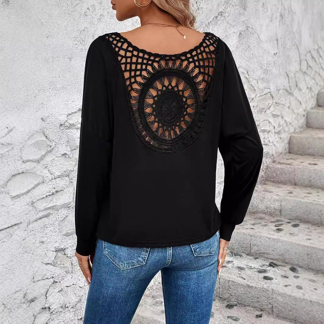Damen Langarm T-Shirt mit dekorativem Häkelrücken R&B