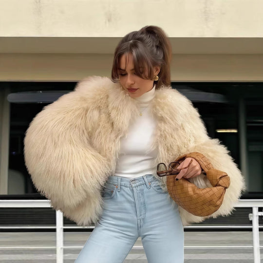 Damen Luxuriöse Felljacke mit voluminösen Ärmeln und elegantem Schnitt R&B