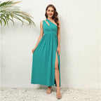 Damen Elegantes Maxikleid mit asymmetrischem Ausschnitt und hohem Schlitz R&B