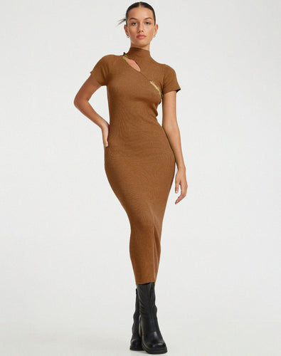 Damen figurbetontes Strickkleid mit asymmetrischem Ausschnitt und hohem Kragen R&B