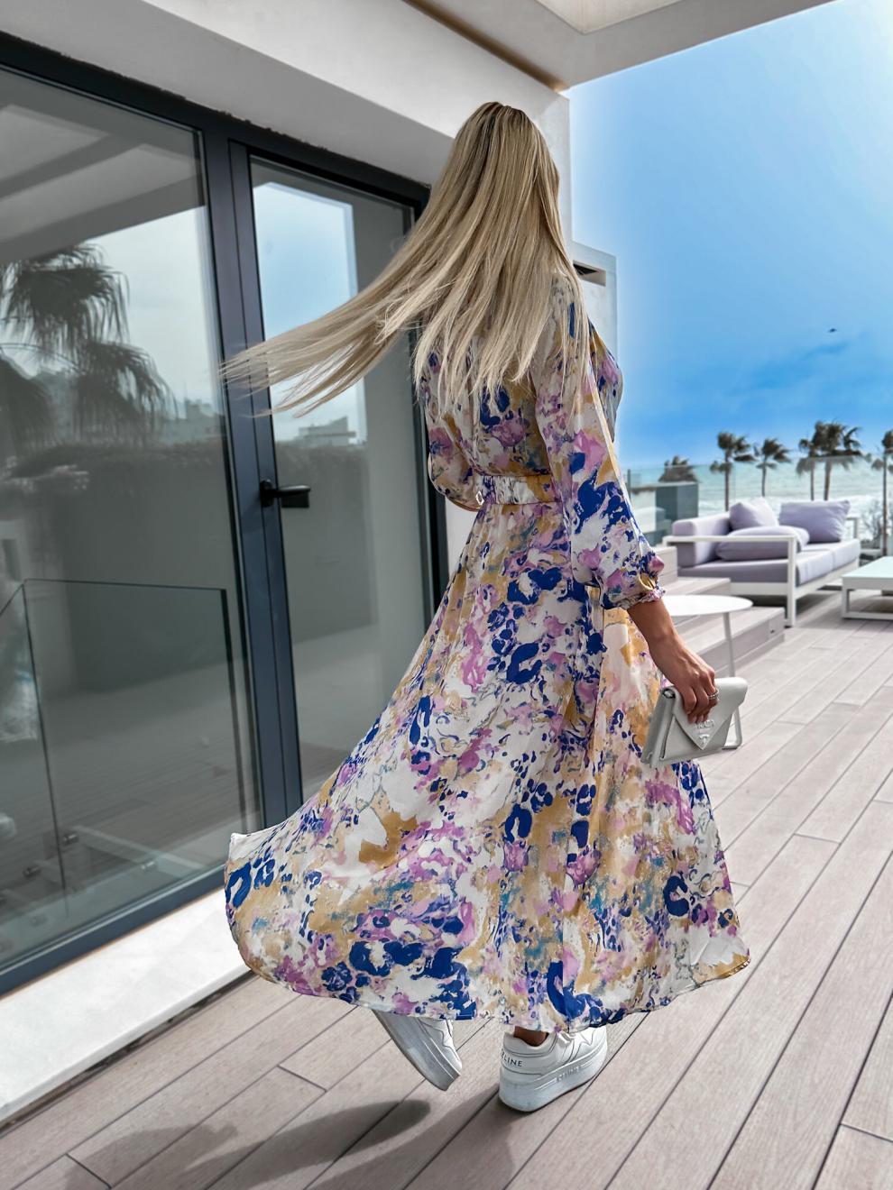 Damen lebhaft bedrucktes Maxikleid mit selbstbindendem Gürtel R&B