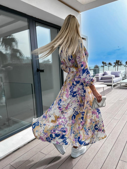 Damen lebhaft bedrucktes Maxikleid mit selbstbindendem Gürtel R&B