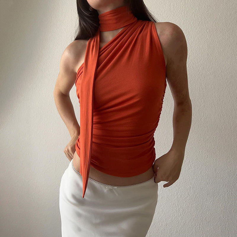 Damen asymmetrisches Top mit bindbaren Schlaufen und Raffung R&B