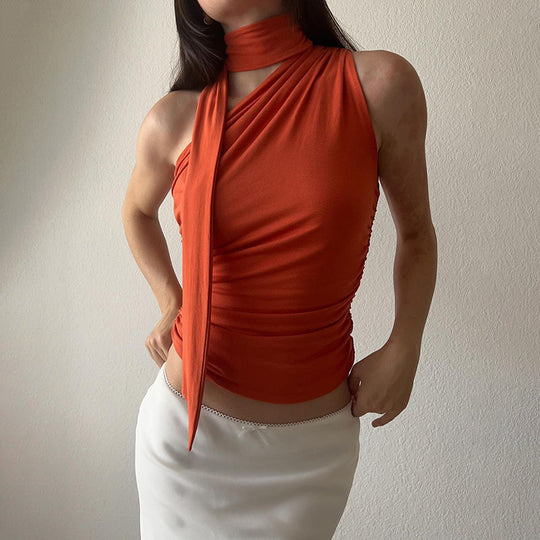 Damen asymmetrisches Top mit bindbaren Schlaufen und Raffung R&B