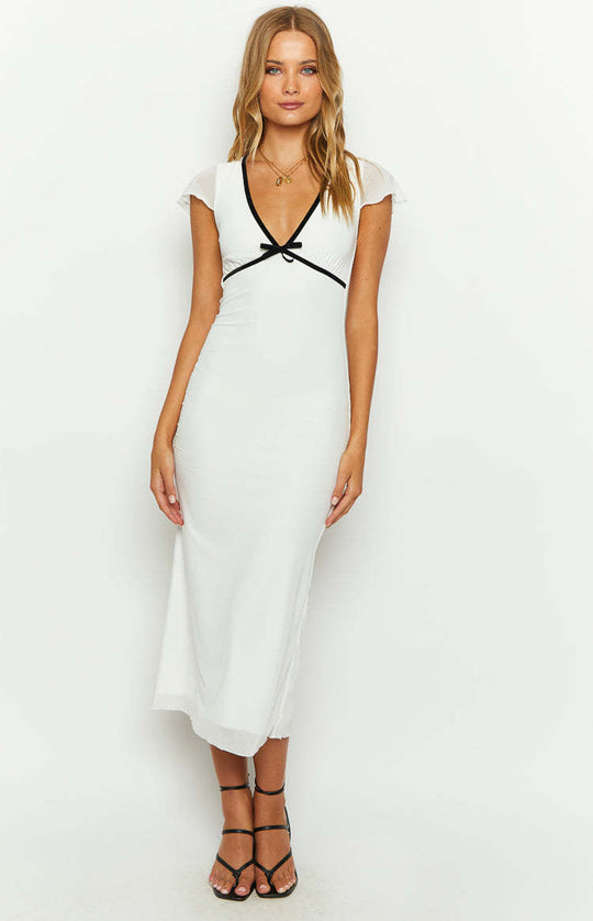 Damen elegantes Maxikleid mit tiefem V-Ausschnitt und raffiniertem Schleifen-Detail R&B