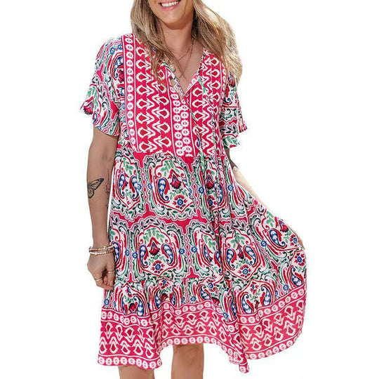 Damen Sommerliches Minikleid mit V-Ausschnitt und voluminösen Ärmeln R&B
