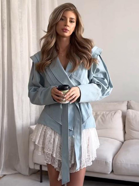 Damen blazer mit voluminösen Ärmeln und elegantem Bindegürtel R&B