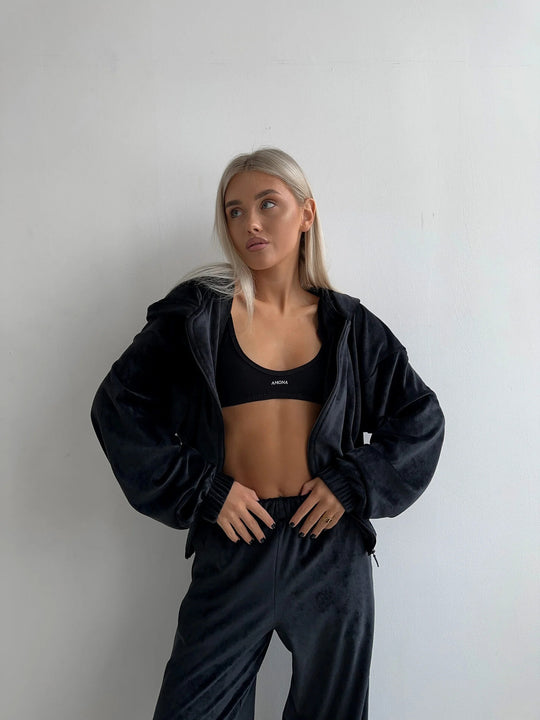 Damen sportliches Velours-Loungewear-Set mit praktischer Kapuze und elastischen Bündchen R&B