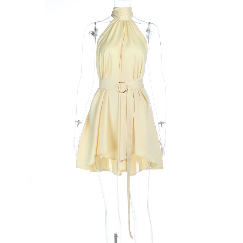 Damen ärmelloses Wickelkleid mit hochgeschlossenem Kragen und Gürtel R&B