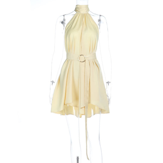 Damen ärmelloses Wickelkleid mit hochgeschlossenem Kragen und Gürtel R&B