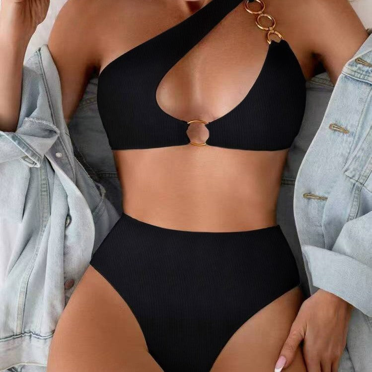 Damen Bikini-Set mit asymmetrischem Trägerschnitt und elegantem Ringdetail R&B
