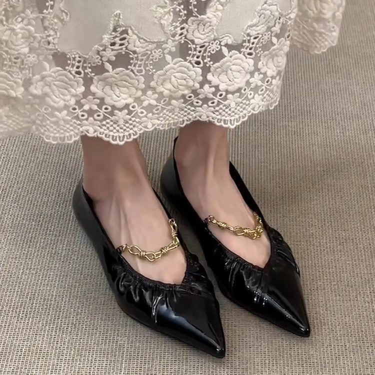 Damen elegante Ballerina-Schuhe mit luxuriösen Falten und Schmuckdetail
