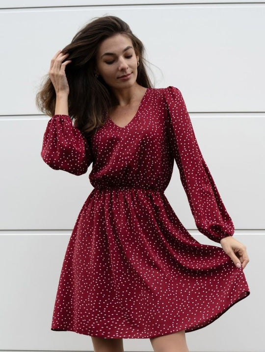 Damen Freizeitkleid mit V-Ausschnitt und Puffärmeln R&B