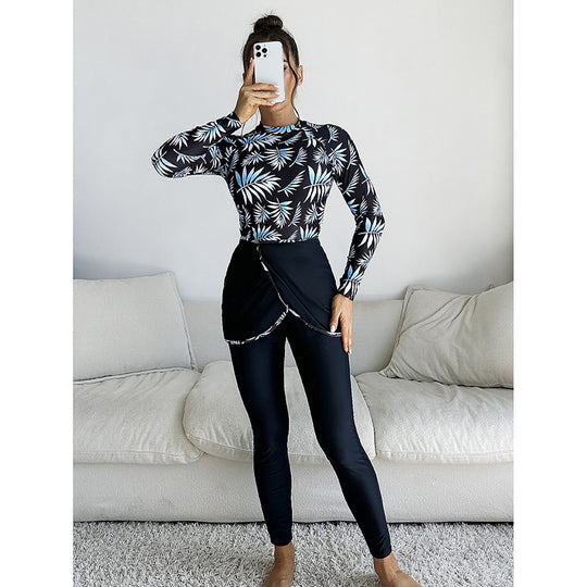 Damen Sportliches Badeoberteil mit langem Arm und modischem Wickelrock R&B