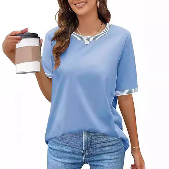 Damen Lässiges Kurzarm-Shirt mit Modischem Streifenkragen R&B