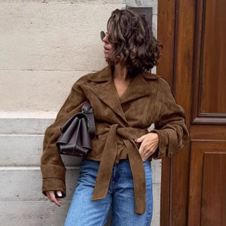 Damen Modische Suede-Blazerjacke mit tailliertem Design und Raffungen R&B