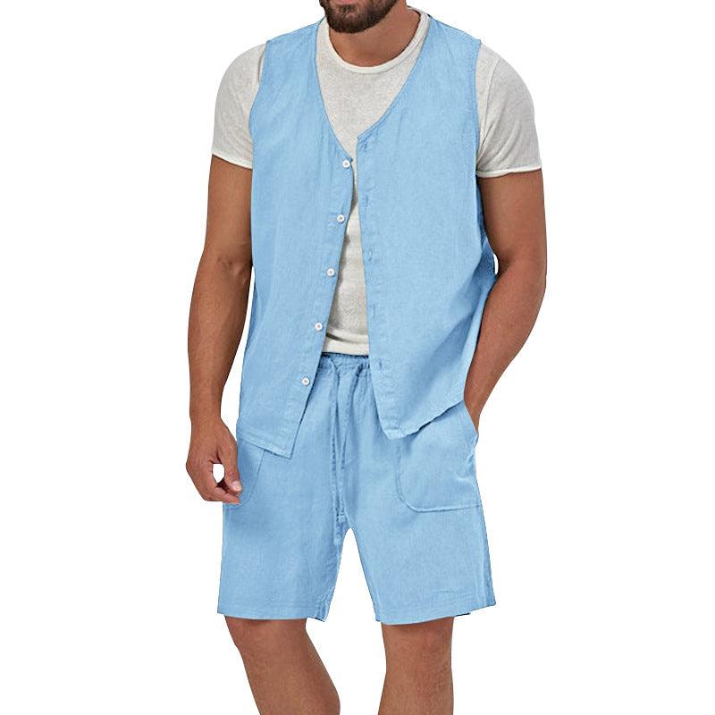 Herren nan zweiteiliges Freizeit-Set mit ärmelloser Knopfweste und weiten Kordelzug-Shorts mit aufgesetzten Taschen R&B