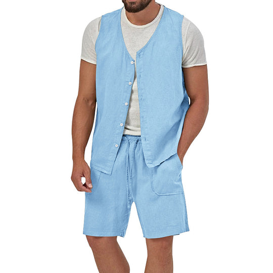 Herren nan zweiteiliges Freizeit-Set mit ärmelloser Knopfweste und weiten Kordelzug-Shorts mit aufgesetzten Taschen R&B