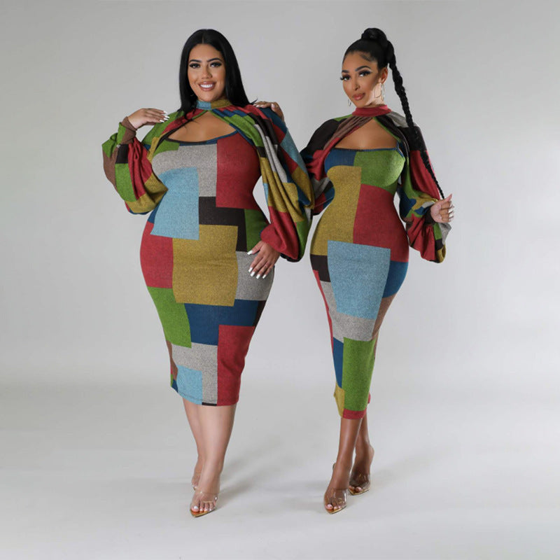 Damen Langarm-Kleid mit geometrischem Schnitt und voluminösen Ärmeln R&B
