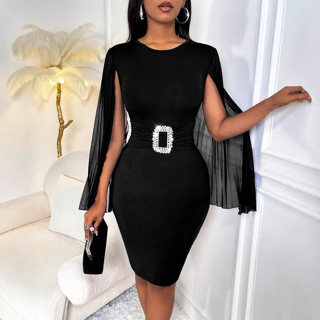Damen Elegantes Wickelkleid mit transparenten Ärmeln und schimmerndem Taillengürtel R&B